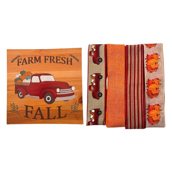 Red Pumpkin Truck Fall Sign & Ribbons Bundle Set, DIY Wreath Supply Kit Box - Picture 1 of 5